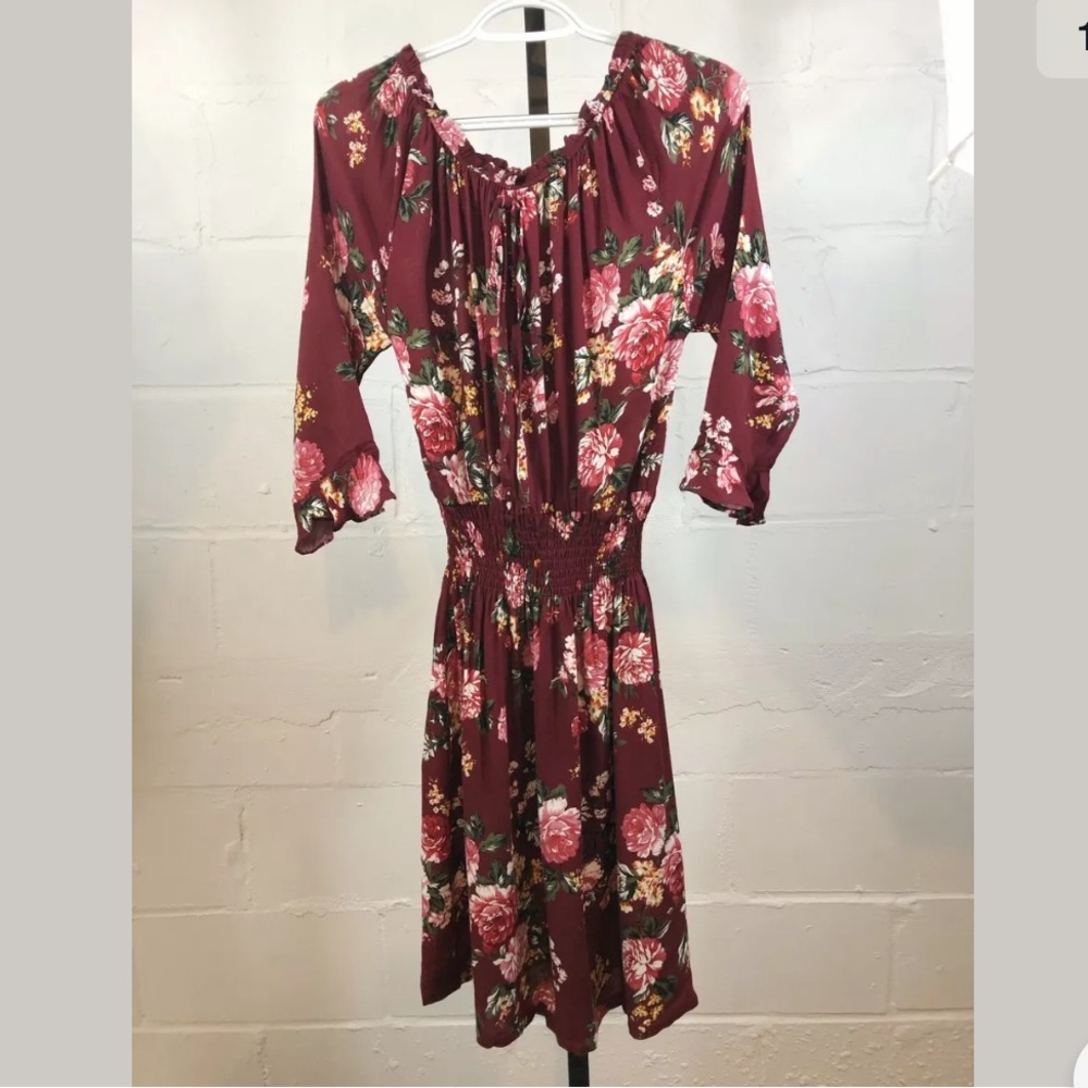 Ana & Kate Floral Dress Burgundy Smocked Waist